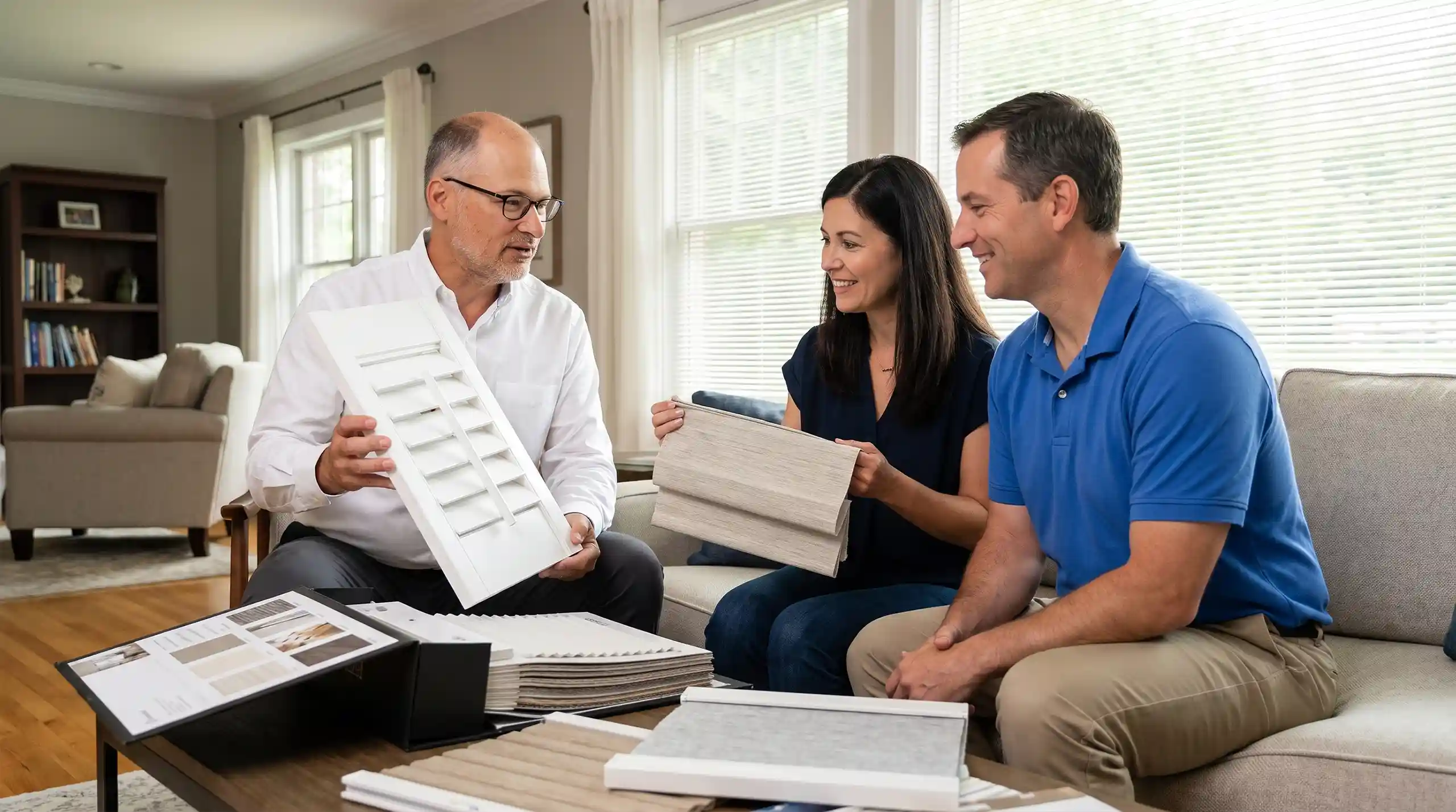 Craig Amick showing plantation shutter samples during an in-home consultation