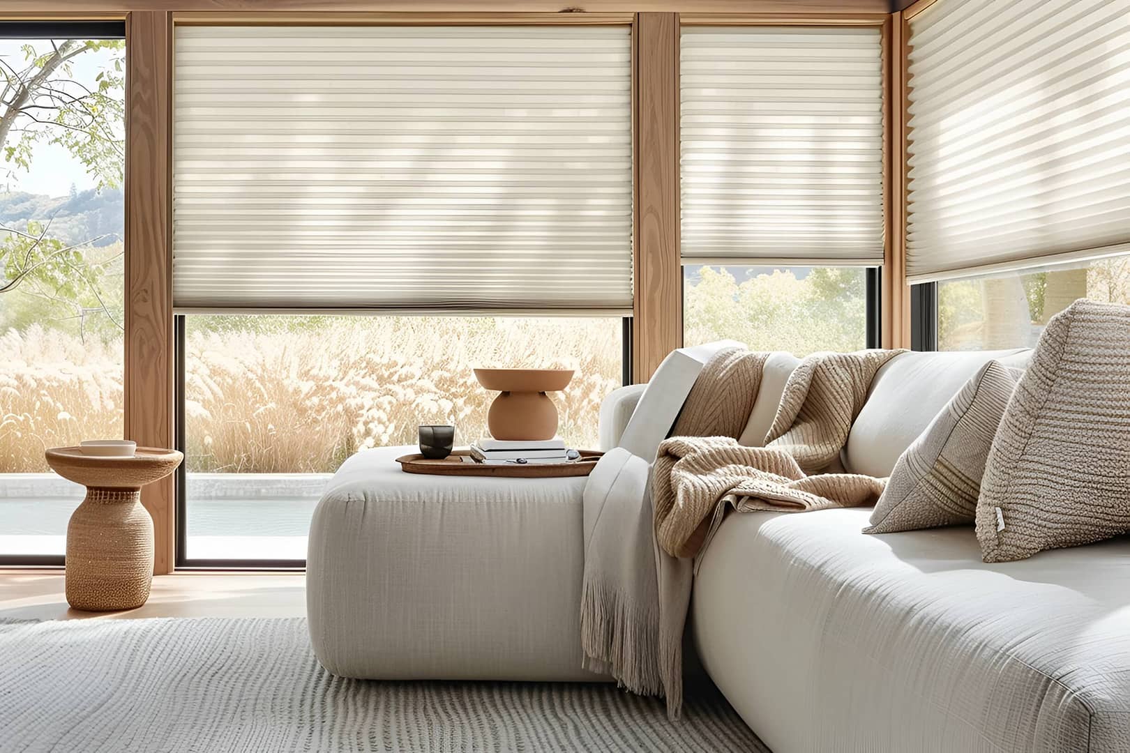 Honeycomb shades softening window light
