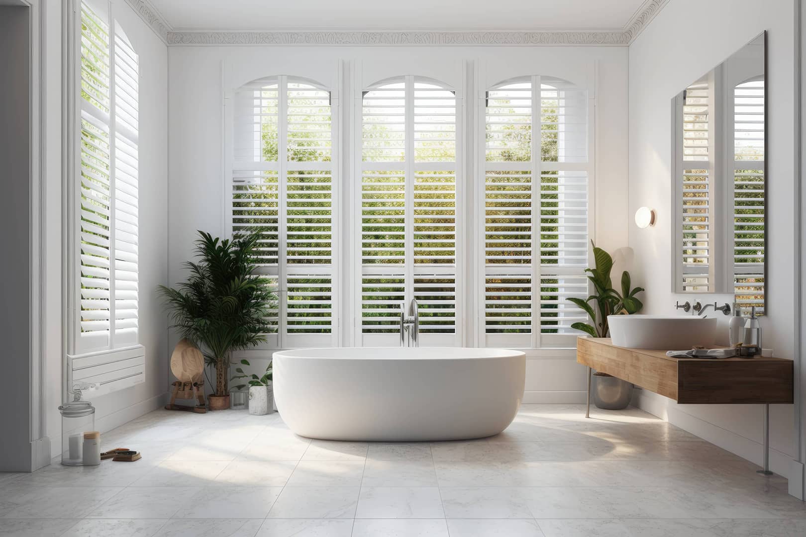 Custom plantation shutters in a large open-floorplan kitchen and living room